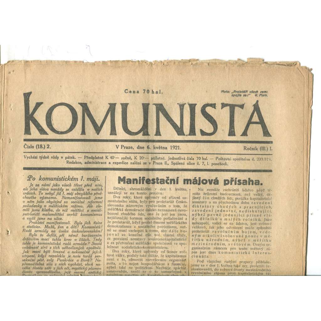 Komunista (6.5.1921) - staré noviny, 1. republika Komunista (6.5.1921) - staré noviny, 1. republika