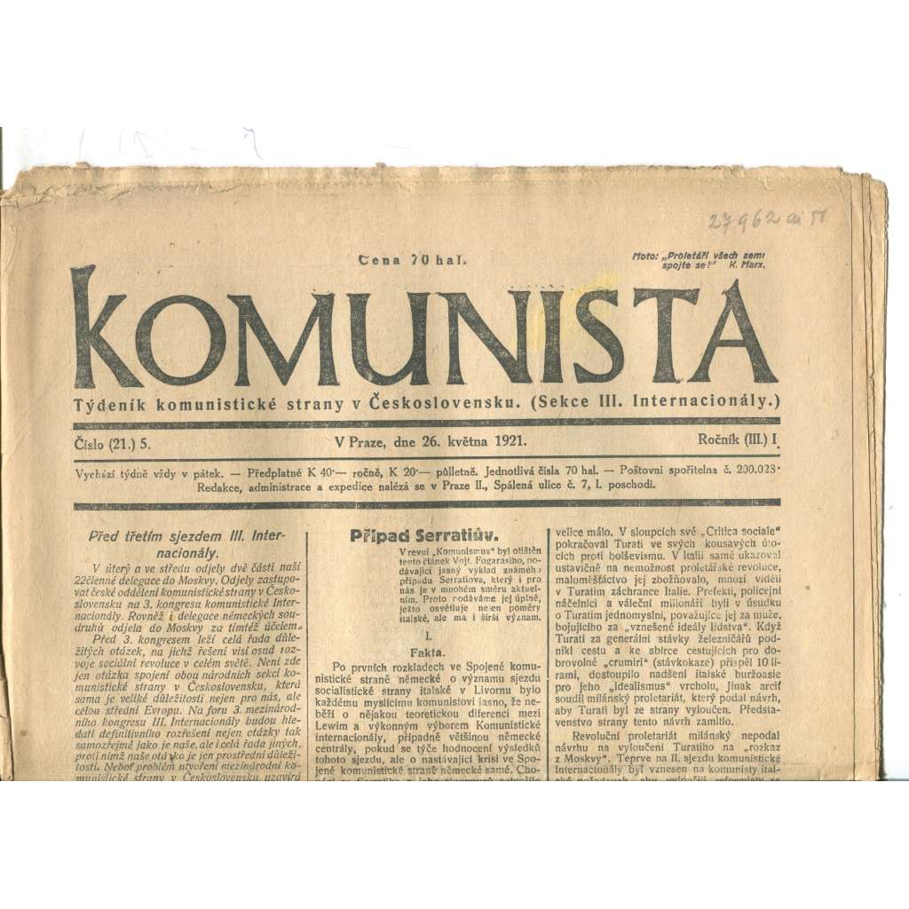 Komunista (26.5.1921) - staré noviny, 1. republika Komunista (26.5.1921) - staré noviny, 1. republika