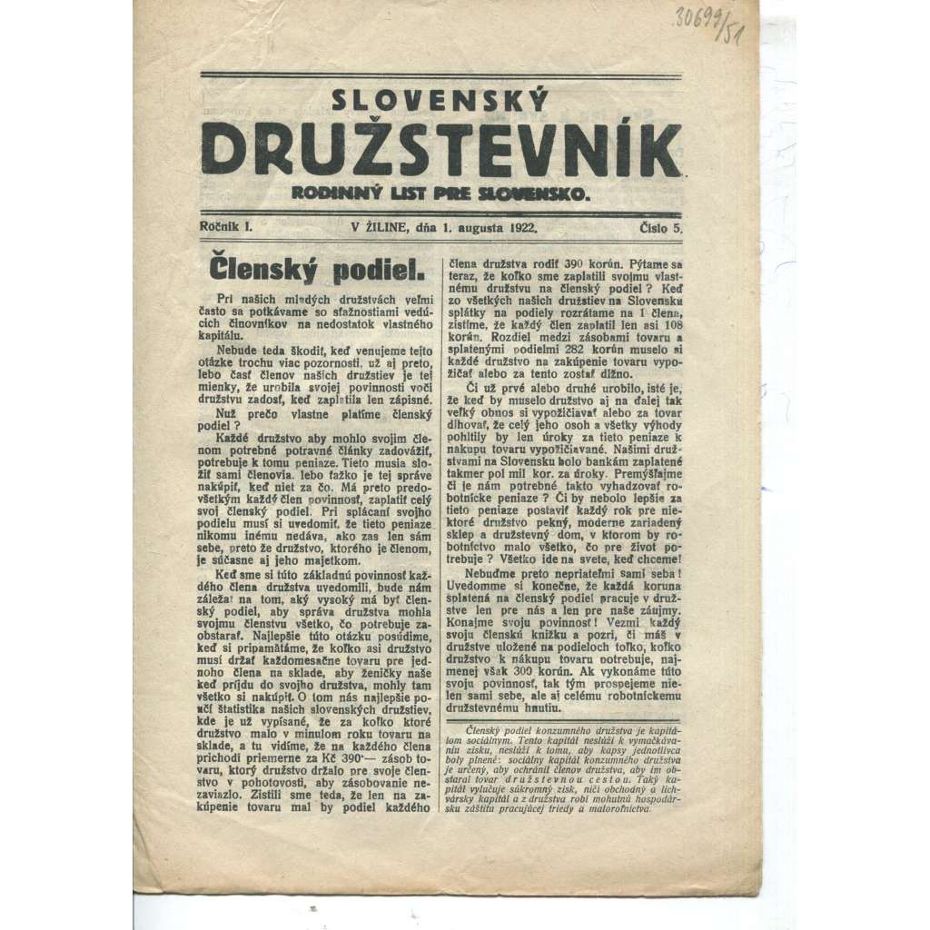 Slovenský družstevník. Rodinný list pre Slovensko (1. 8.1922) - staré noviny, 1. republika, text slovensky Slovenský družstevník. Rodinný list pre Slovensko (1. 8.1922) - staré noviny, 1. republika, text slovensky