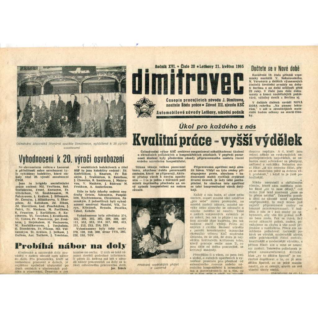Dimitrovec. Časopis pracujících závodu J. Dimitrova (21.5.1965) - Avia Letňany (Praha 9) - noviny Dimitrovec. Časopis pracujících závodu J. Dimitrova (21.5.1965) - Avia Letňany (Praha 9) - noviny