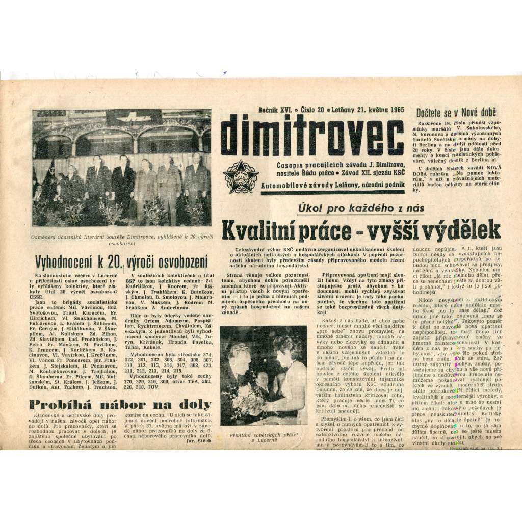 Dimitrovec. Časopis pracujících závodu J. Dimitrova (21.5.1965) - Avia Letňany (Praha 9) - noviny Dimitrovec. Časopis pracujících závodu J. Dimitrova (21.5.1965) - Avia Letňany (Praha 9) - noviny