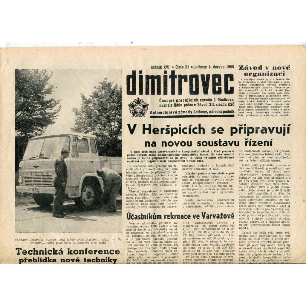 Dimitrovec. Časopis pracujících závodu J. Dimitrova (4.6.1965) - Avia Letňany (Praha 9) - noviny Dimitrovec. Časopis pracujících závodu J. Dimitrova (4.6.1965) - Avia Letňany (Praha 9) - noviny