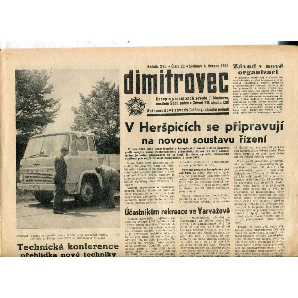 Dimitrovec. Časopis pracujících závodu J. Dimitrova (4.6.1965) - Avia Letňany (Praha 9) - noviny Dimitrovec. Časopis pracujících závodu J. Dimitrova (4.6.1965) - Avia Letňany (Praha 9) - noviny