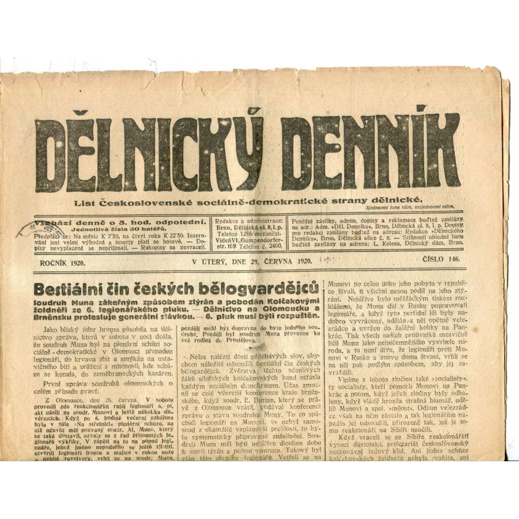Dělnický denník (29.6.1920) 1. republika, staré noviny Dělnický denník (29.6.1920) 1. republika, staré noviny
