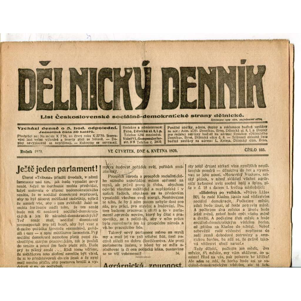 Dělnický denník (6.5.1920) 1. republika, staré noviny Dělnický denník (6.5.1920) 1. republika, staré noviny