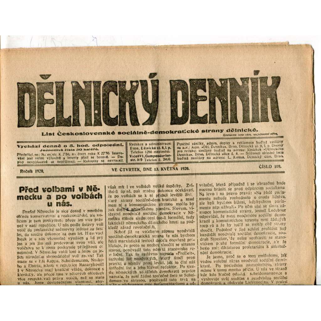 Dělnický denník (13.5.1920) 1. republika, staré noviny Dělnický denník (13.5.1920) 1. republika, staré noviny