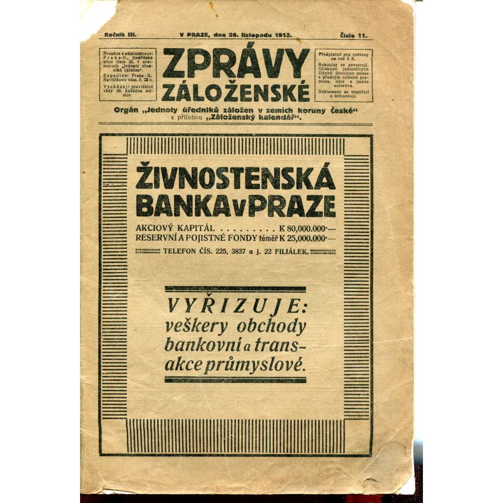 Zprávy záloženské, ročník III., číslo 11/1913 [záložna, banka]