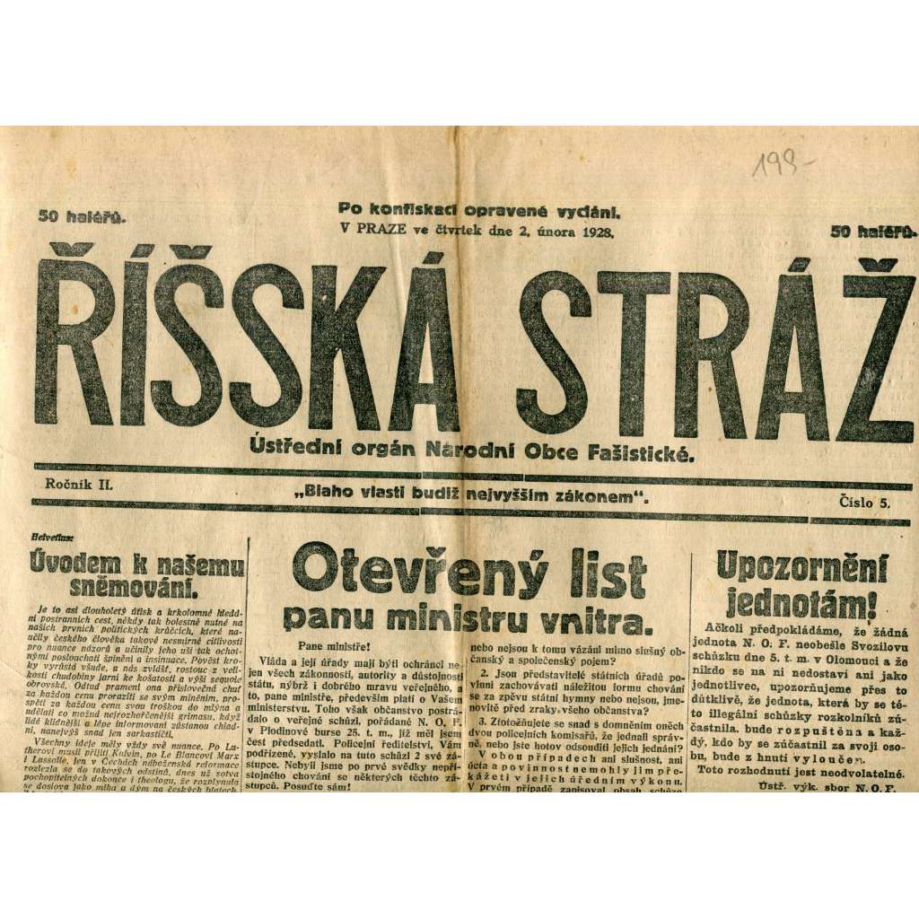 Říšská stráž (2.2.1928) Ústřední orgán Národní obce fašistické (staré noviny, fašisté, 1. republika) Říšská stráž (2.2.1928) Ústřední orgán Národní obce fašistické (staré noviny, fašisté, 1. republika)