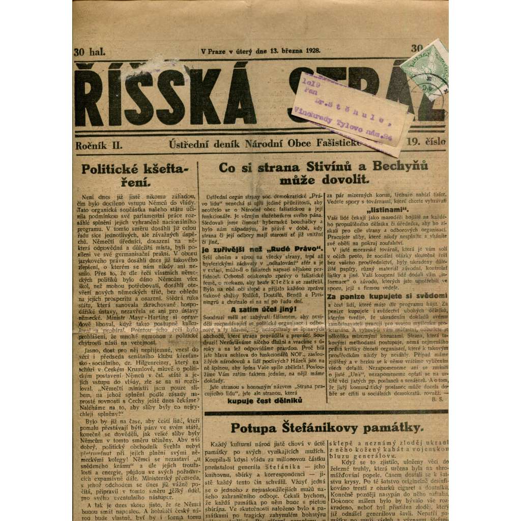 Říšská stráž (13.3.1928) Ústřední deník Národní obce fašistické (staré noviny, fašisté, 1. republika) Říšská stráž (13.3.1928) Ústřední deník Národní obce fašistické (staré noviny, fašisté, 1. republika)
