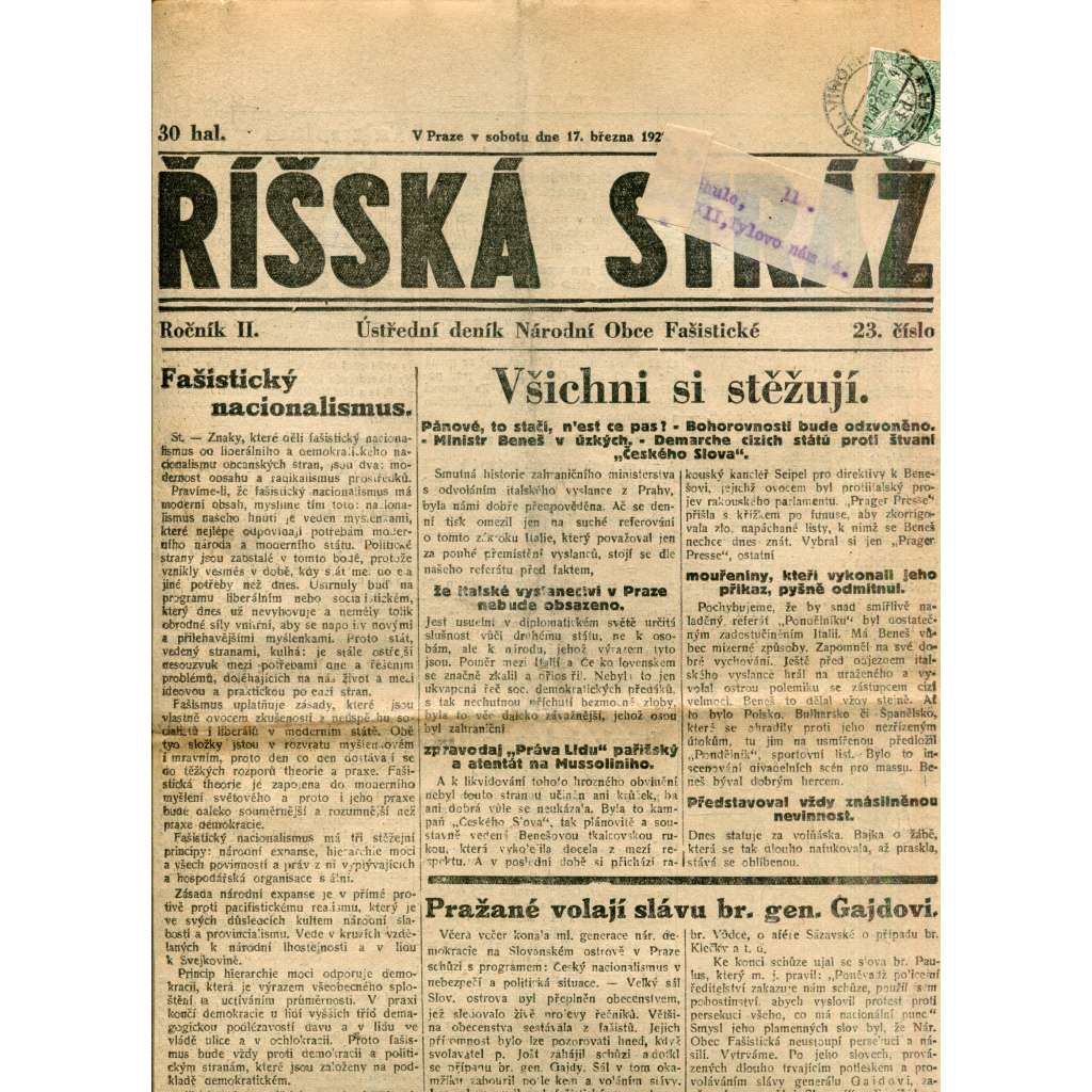 Říšská stráž (17.3.1928) Ústřední deník Národní obce fašistické (staré noviny, fašisté, 1. republika) Říšská stráž (17.3.1928) Ústřední deník Národní obce fašistické (staré noviny, fašisté, 1. republika)
