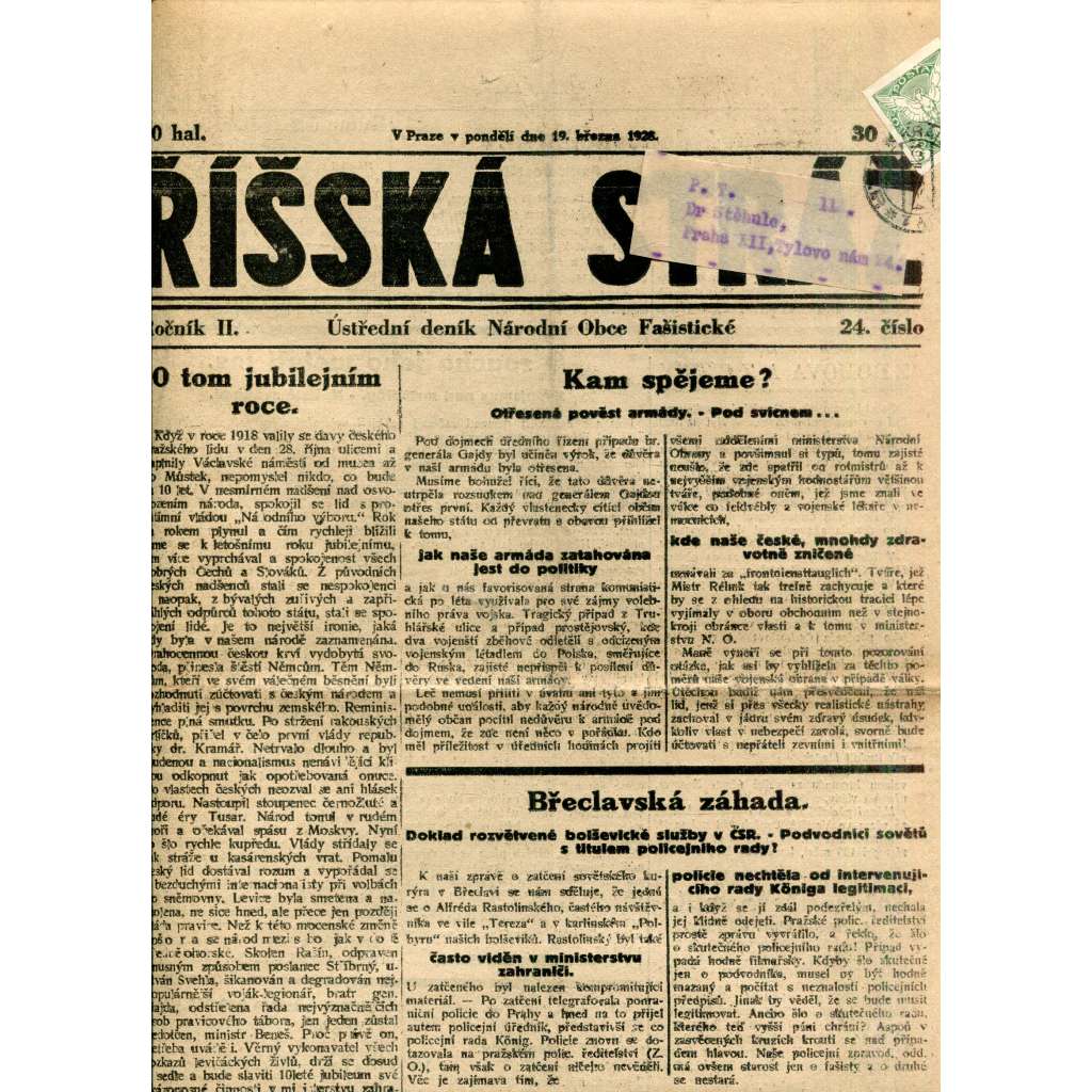 Říšská stráž (19.3.1928) Ústřední deník Národní obce fašistické (staré noviny, fašisté, 1. republika) Říšská stráž (19.3.1928) Ústřední deník Národní obce fašistické (staré noviny, fašisté, 1. republika)