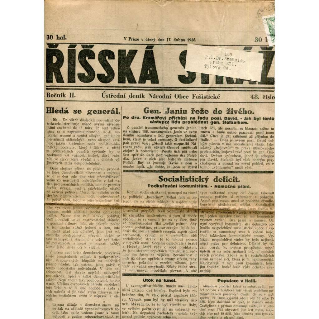 Říšská stráž (17.4.1928) - Ústřední deník Národní obce fašistické (staré noviny, fašisté, 1. republika) Říšská stráž (17.4.1928) - Ústřední deník Národní obce fašistické (staré noviny, fašisté, 1. republika)