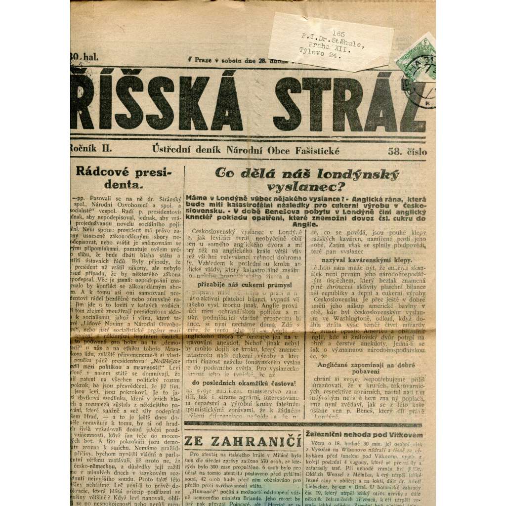 Říšská stráž (28.4.1928) - Ústřední deník Národní obce fašistické (staré noviny, fašisté, 1. republika) Říšská stráž (28.4.1928) - Ústřední deník Národní obce fašistické (staré noviny, fašisté, 1. republika)
