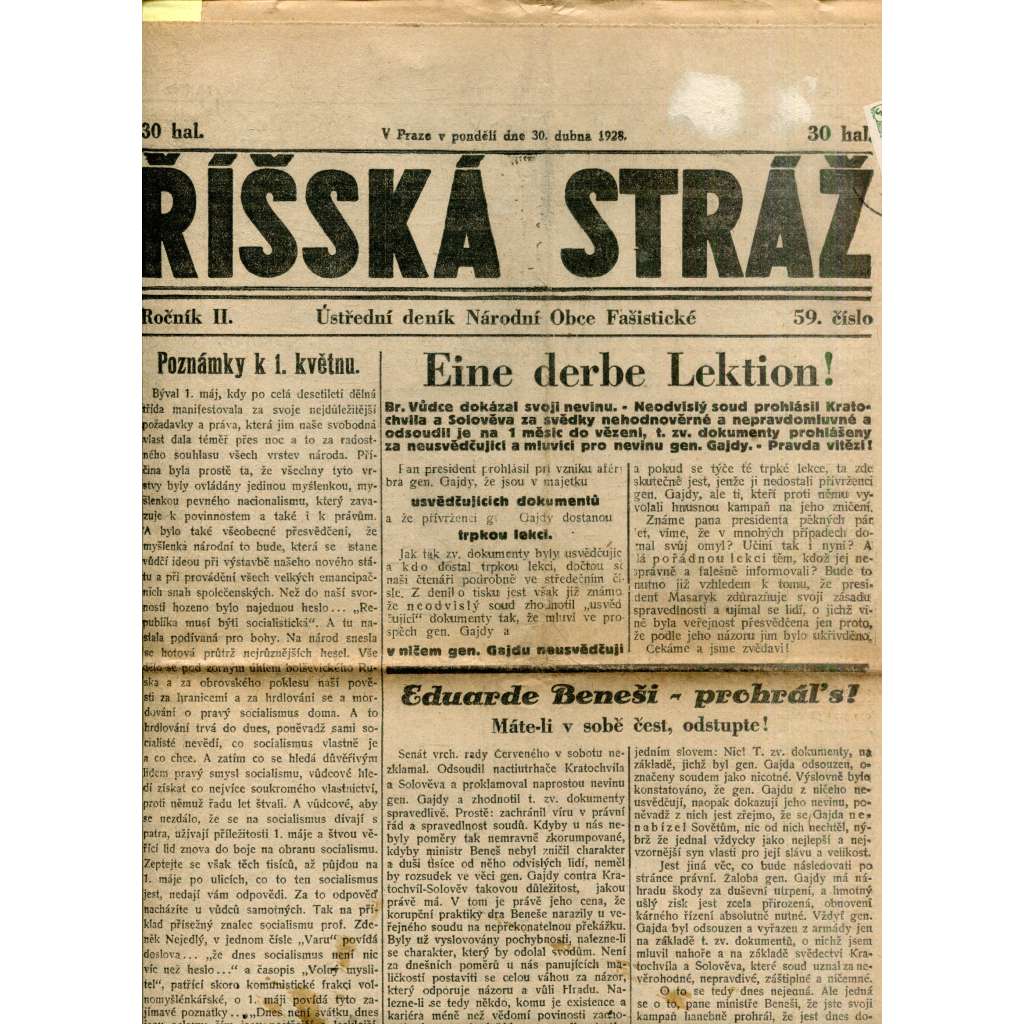 Říšská stráž (30.4.1928) - Ústřední deník Národní obce fašistické (staré noviny, fašisté, 1. republika) Říšská stráž (30.4.1928) - Ústřední deník Národní obce fašistické (staré noviny, fašisté, 1. republika)