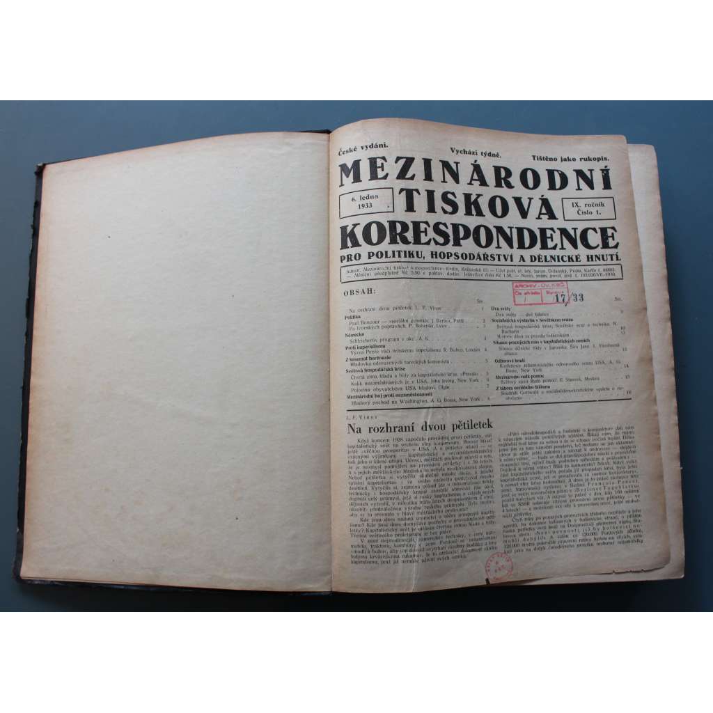 Mezinárodní tisková korespondence pro politiku, hospodářství a dělnické hnutí 1933 (časopis, týdeník, politika, mj. Mezinárodní význam Stalinovy řeči, Goeringův puč v Berlíně, V Německu řádí teror, Fašismus v Japonsku) Mezinárodní tisková korespondence pro politiku, hospodářství a dělnické hnutí 1933 (časopis, týdeník, politika, mj. Mezinárodní význam Stalinovy řeči, Goeringův puč v Berlíně, V Německu řádí teror, Fašismus v Japonsku)