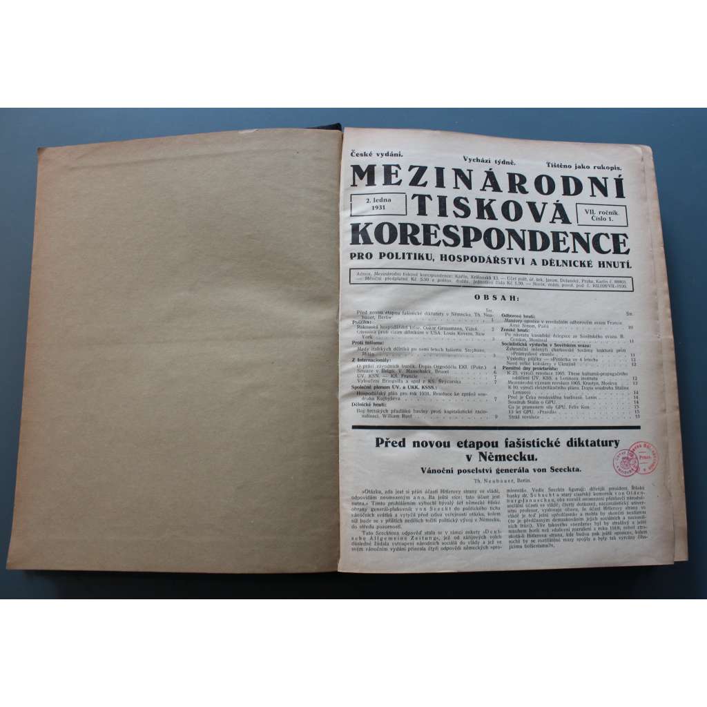 Mezinárodní tisková korespondence pro politiku, hospodářství a dělnické hnutí 1931 (časopis, týdeník, politika, mj. Béla Kun - Menševici karakterizují menševiky, Poučení moskevského procesu, Žalářní hrůzy ve Finsku, Letectví a pětiletka) Mezinárodní tisková korespondence pro politiku, hospodářství a dělnické hnutí 1931 (časopis, týdeník, politika, mj. Béla Kun - Menševici karakterizují menševiky, Poučení moskevského procesu, Žalářní hrůzy ve Finsku, Letectví a pětiletka)