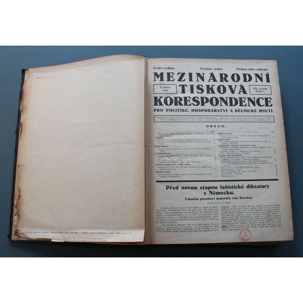 Mezinárodní tisková korespondence pro politiku, hospodářství a dělnické hnutí 1931 (časopis, týdeník, politika, mj. Béla Kun - Menševici karakterizují menševiky, Poučení moskevského procesu, Žalářní hrůzy ve Finsku, Letectví a pětiletka) Mezinárodní tisková korespondence pro politiku, hospodářství a dělnické hnutí 1931 (časopis, týdeník, politika, mj. Béla Kun - Menševici karakterizují menševiky, Poučení moskevského procesu, Žalářní hrůzy ve Finsku, Letectví a pětiletka)
