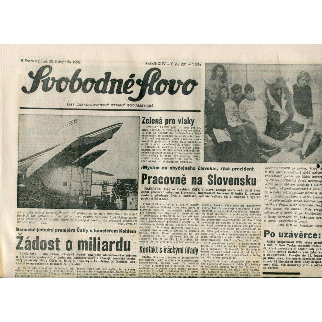 Svobodné slovo. List Československé strany socialistické (30.11.1990) - noviny Svobodné slovo. List Československé strany socialistické (30.11.1990) - noviny