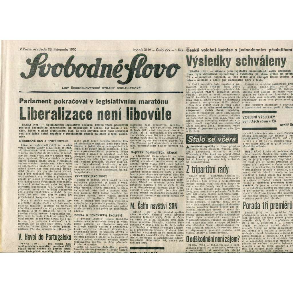 Svobodné slovo. List Československé strany socialistické (28.11.1990) - noviny Svobodné slovo. List Československé strany socialistické (28.11.1990) - noviny