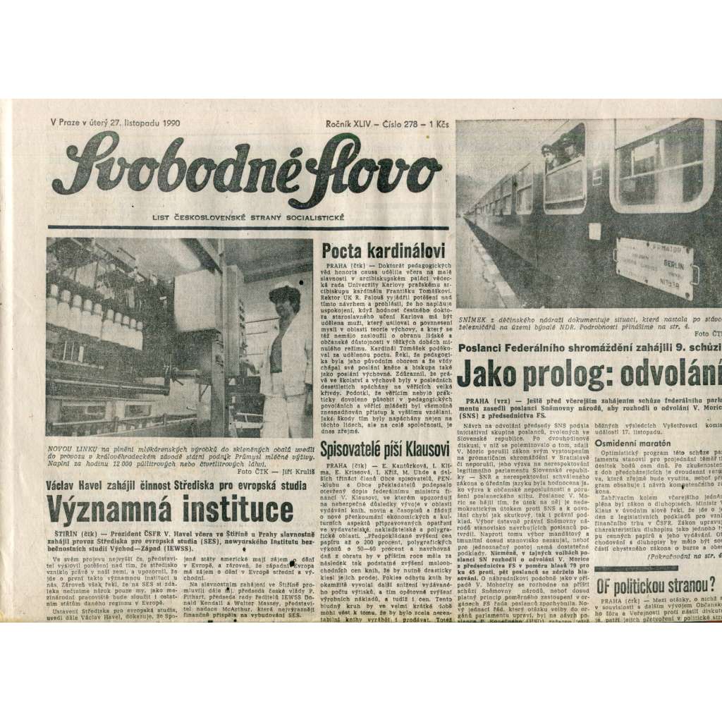 Svobodné slovo. List Československé strany socialistické (27.11.1990) - noviny Svobodné slovo. List Československé strany socialistické (27.11.1990) - noviny