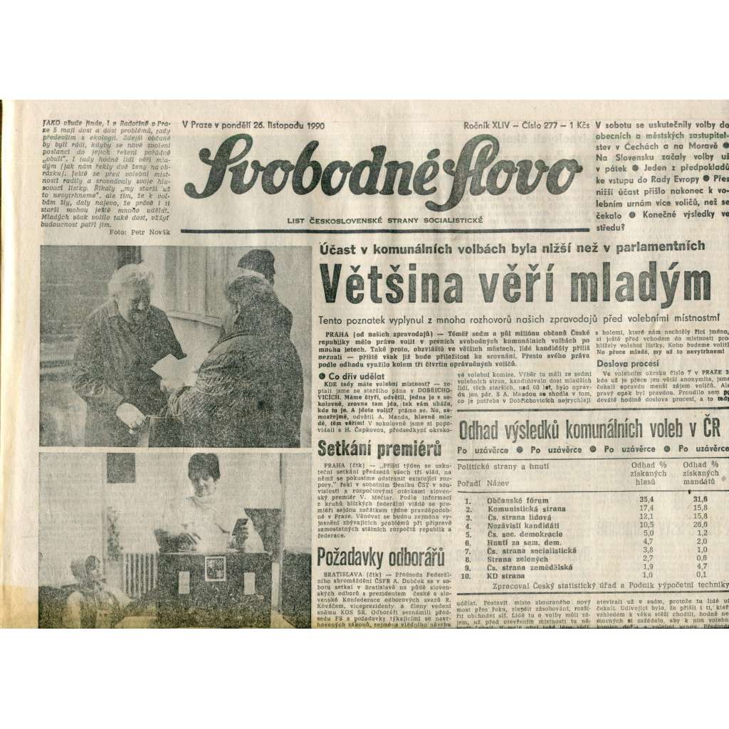 Svobodné slovo. List Československé strany socialistické (26.11.1990) - noviny Svobodné slovo. List Československé strany socialistické (26.11.1990) - noviny