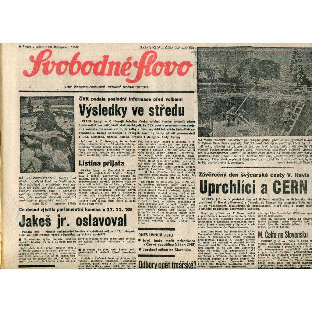 Svobodné slovo. List Československé strany socialistické (24.11.1990) - noviny Svobodné slovo. List Československé strany socialistické (24.11.1990) - noviny