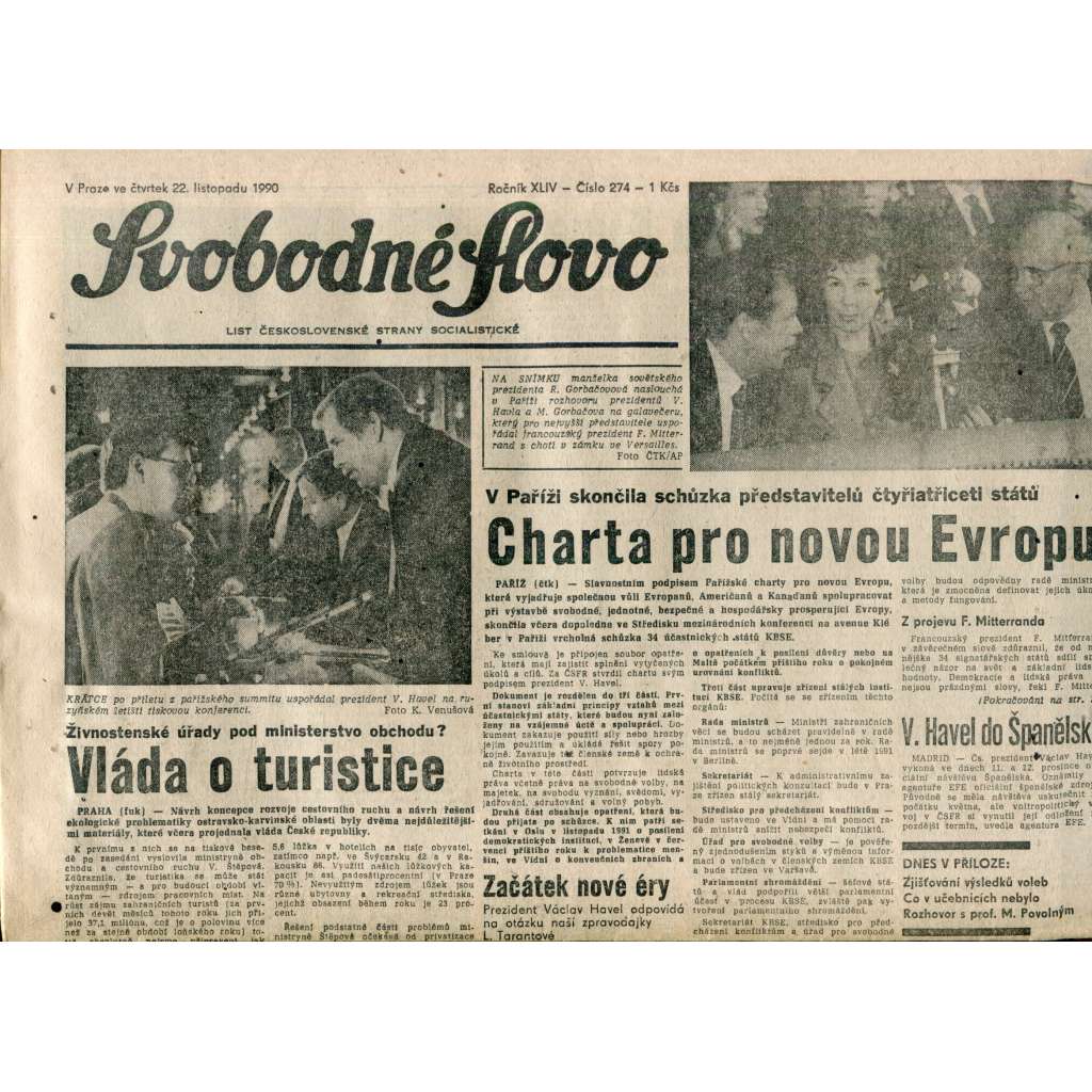 Svobodné slovo. List Československé strany socialistické (22.11.1990) - noviny Svobodné slovo. List Československé strany socialistické (22.11.1990) - noviny