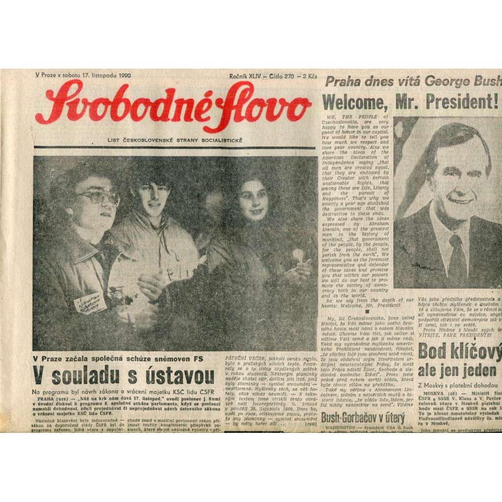 Svobodné slovo. List Československé strany socialistické (17.11.1990) - noviny Svobodné slovo. List Československé strany socialistické (17.11.1990) - noviny