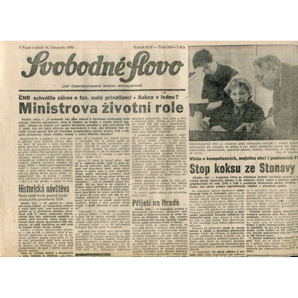 Svobodné slovo. List Československé strany socialistické (16.11.1990) - noviny Svobodné slovo. List Československé strany socialistické (16.11.1990) - noviny