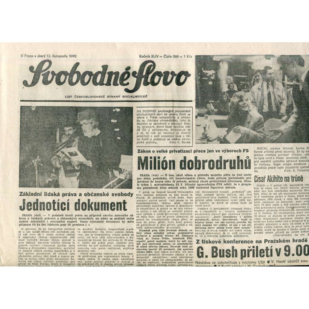 Svobodné slovo. List Československé strany socialistické (13.11.1990) - noviny Svobodné slovo. List Československé strany socialistické (13.11.1990) - noviny