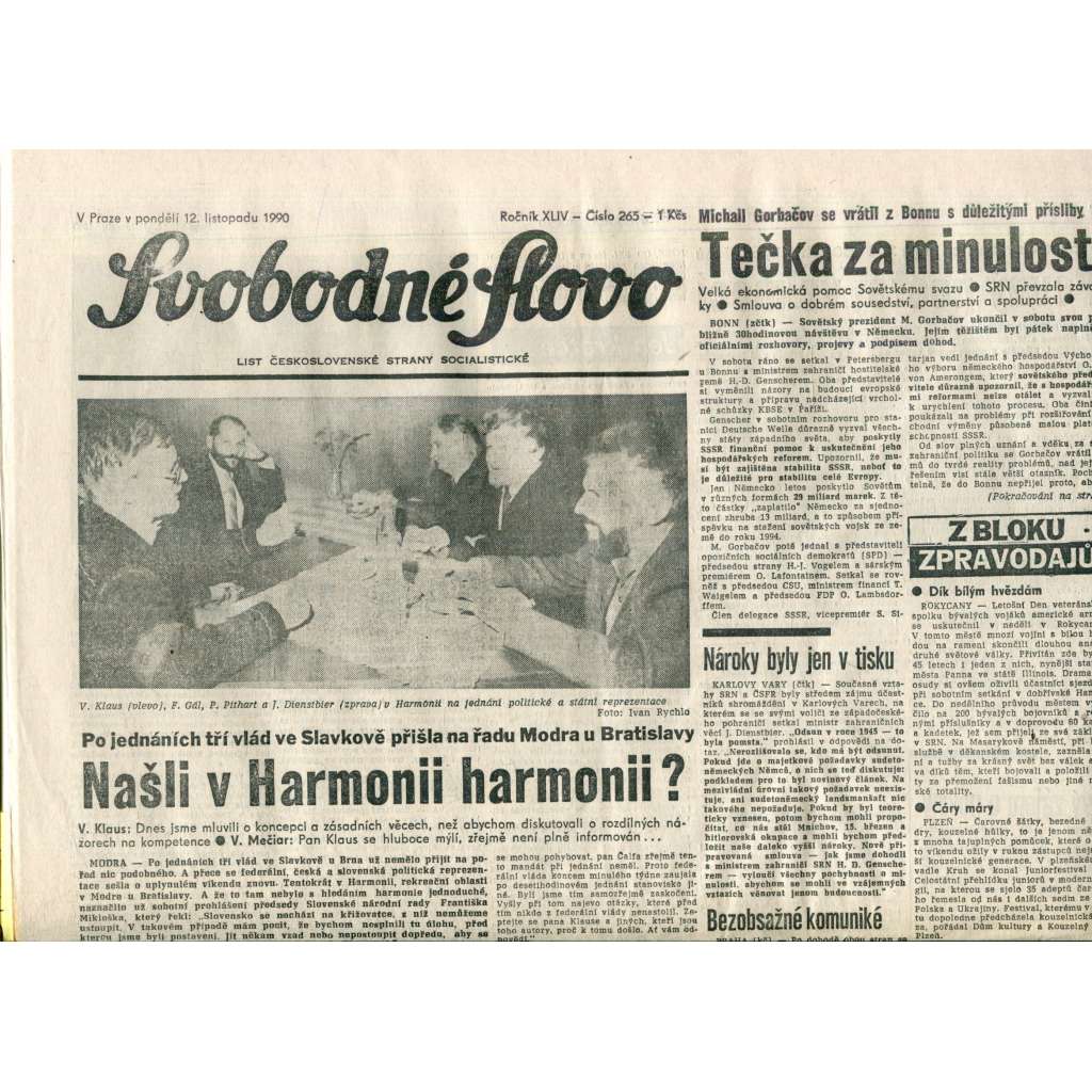 Svobodné slovo. List Československé strany socialistické (12.11.1990) - noviny Svobodné slovo. List Československé strany socialistické (12.11.1990) - noviny