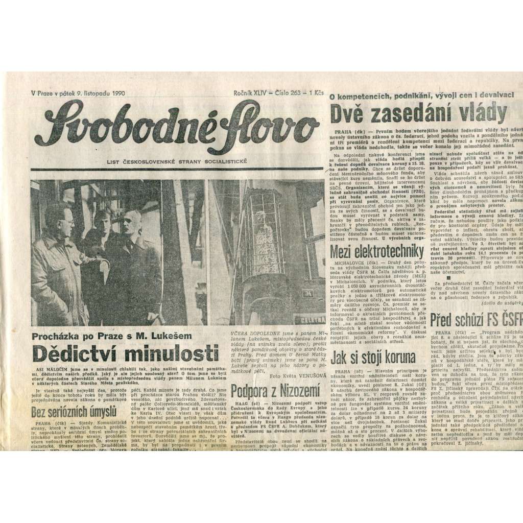 Svobodné slovo. List Československé strany socialistické (9.11.1990) - noviny Svobodné slovo. List Československé strany socialistické (9.11.1990) - noviny