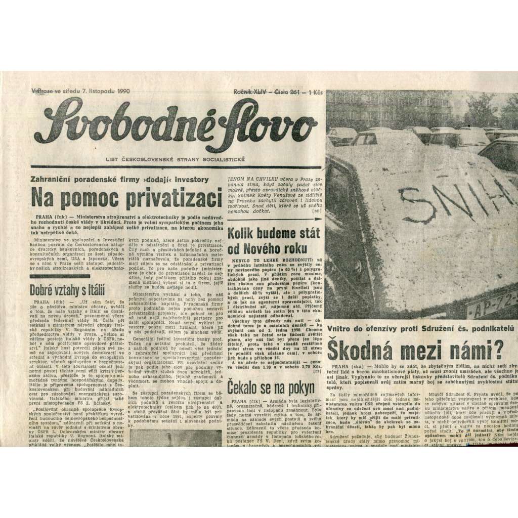 Svobodné slovo. List Československé strany socialistické (7.11.1990) - noviny Svobodné slovo. List Československé strany socialistické (7.11.1990) - noviny