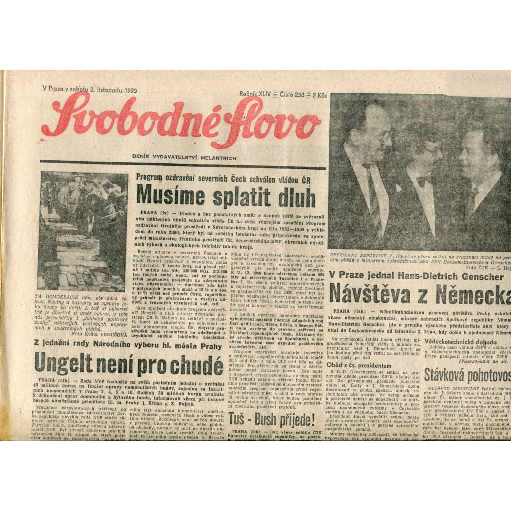 Svobodné slovo. List Československé strany socialistické (3.11.1990) - noviny Svobodné slovo. List Československé strany socialistické (3.11.1990) - noviny