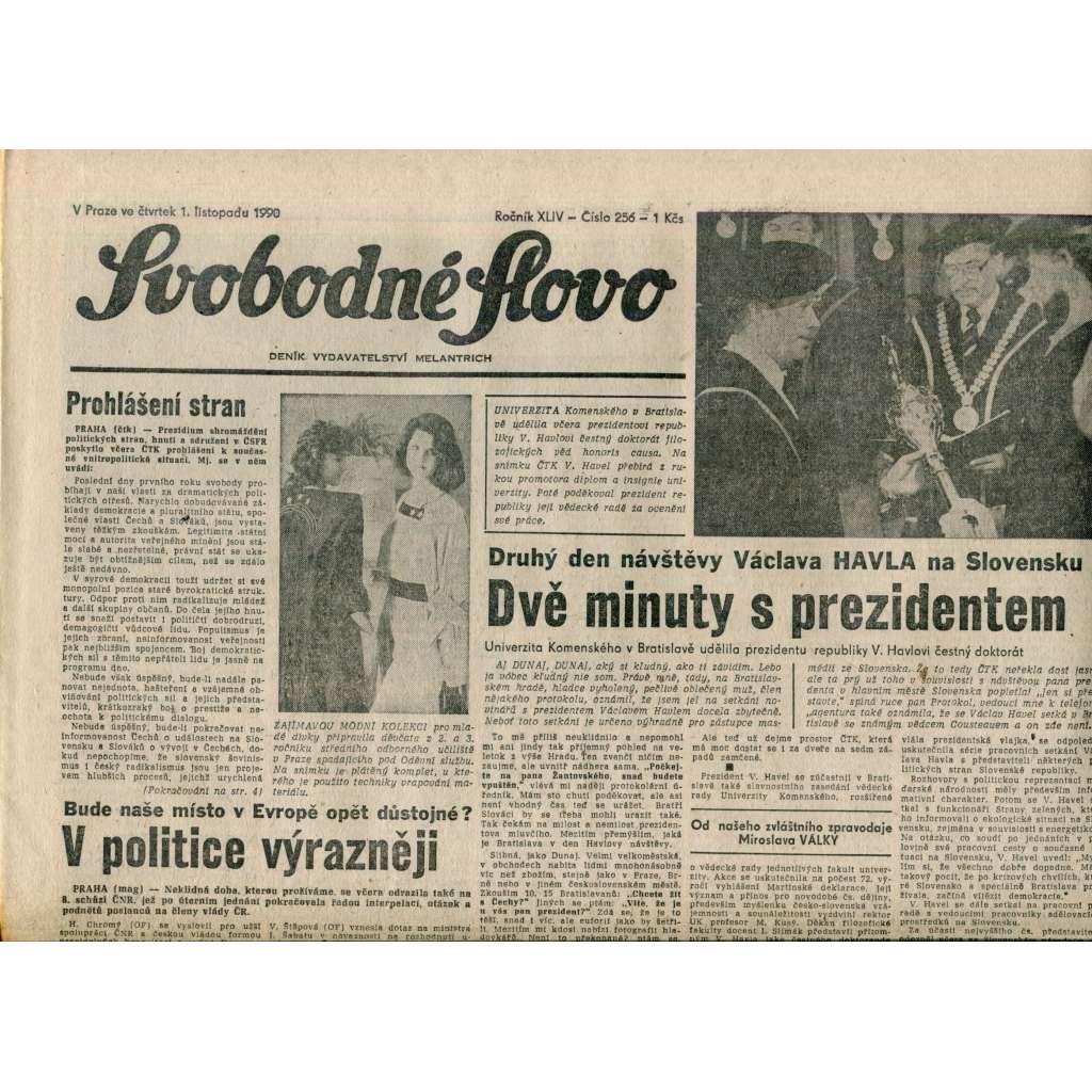 Svobodné slovo. List Československé strany socialistické (1.11.1990) - noviny Svobodné slovo. List Československé strany socialistické (1.11.1990) - noviny