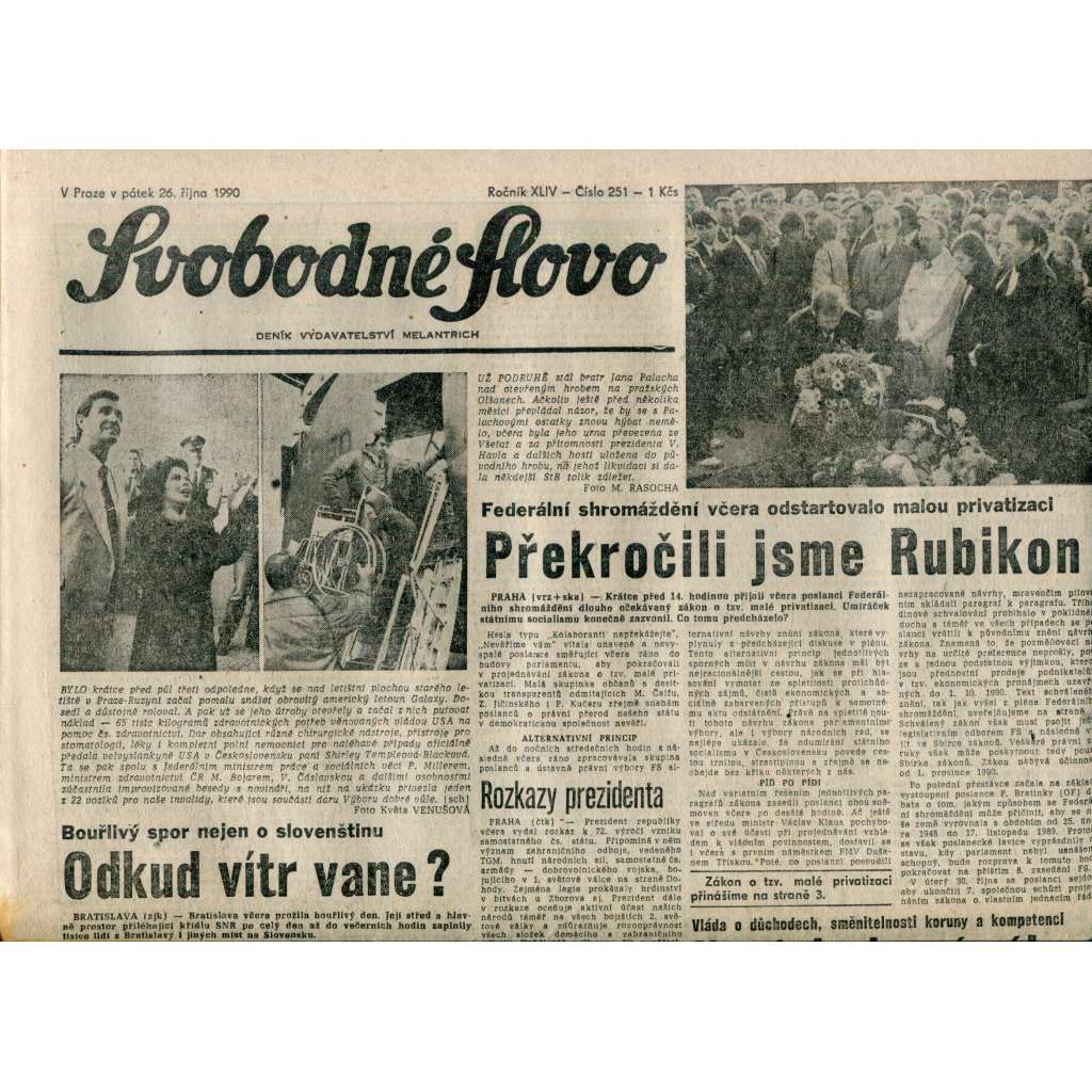 Svobodné slovo. List Československé strany socialistické (26.10.1990) - noviny Svobodné slovo. List Československé strany socialistické (26.10.1990) - noviny