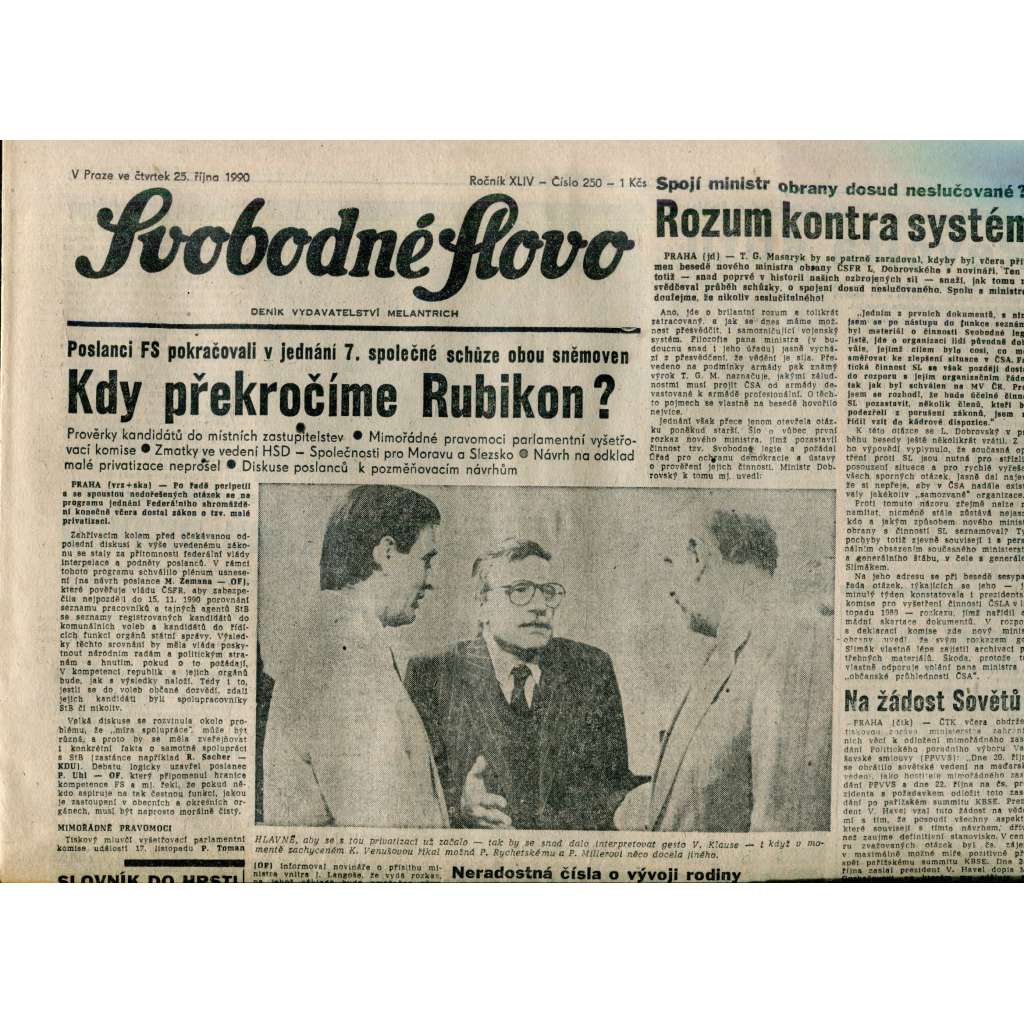 Svobodné slovo. List Československé strany socialistické (25.10.1990) - noviny Svobodné slovo. List Československé strany socialistické (25.10.1990) - noviny