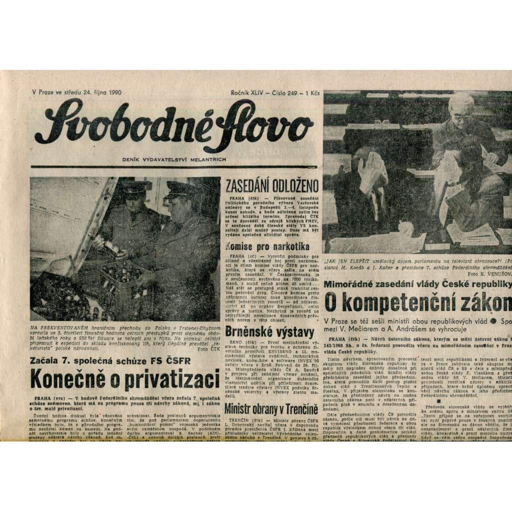 Svobodné slovo. List Československé strany socialistické (24.10.1990) - noviny Svobodné slovo. List Československé strany socialistické (24.10.1990) - noviny