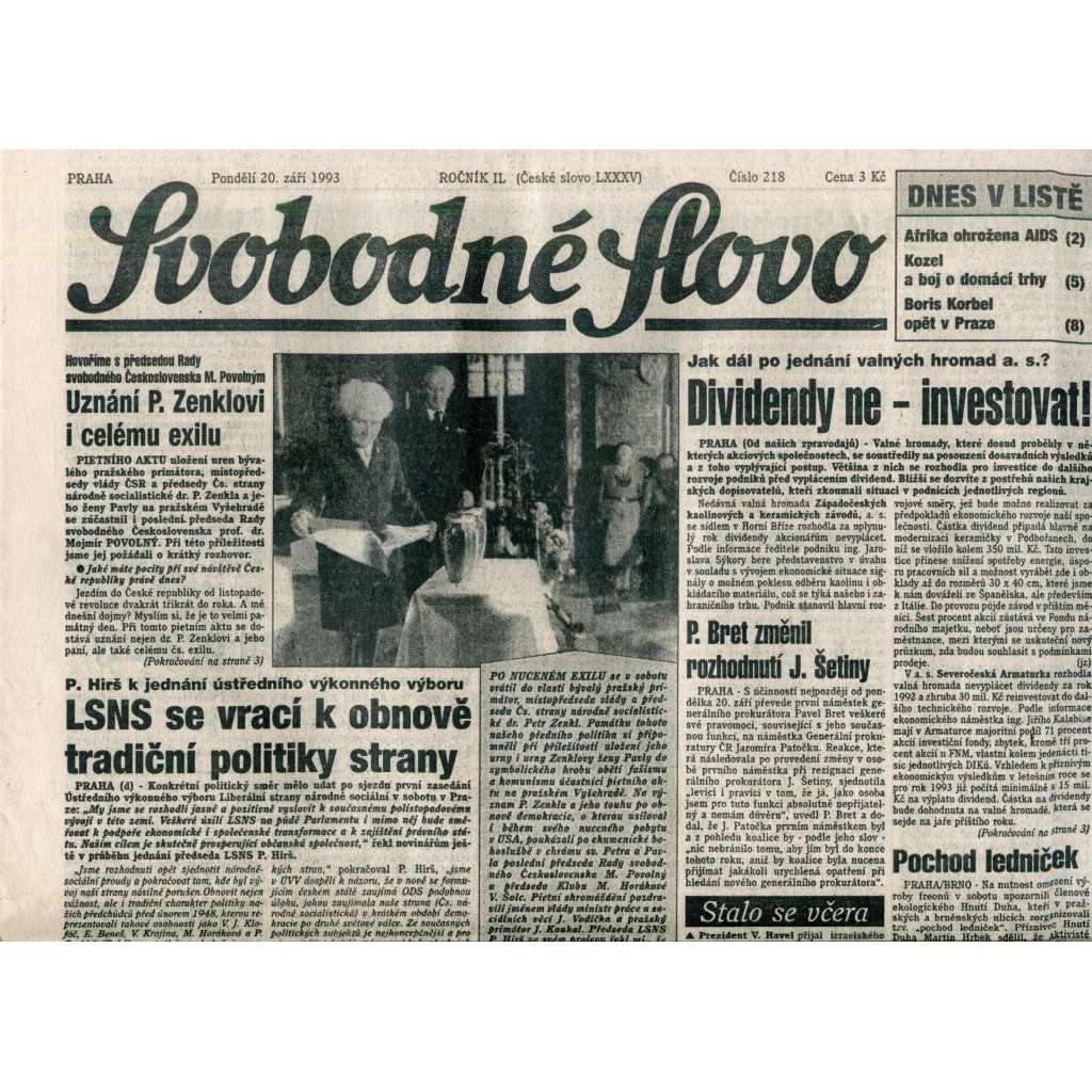 Svobodné slovo (20.9.1993) - noviny Svobodné slovo (20.9.1993) - noviny