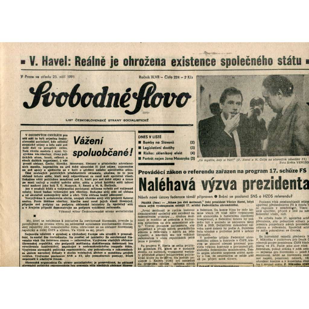 Svobodné slovo (25.9.1991) - noviny Svobodné slovo (25.9.1991) - noviny