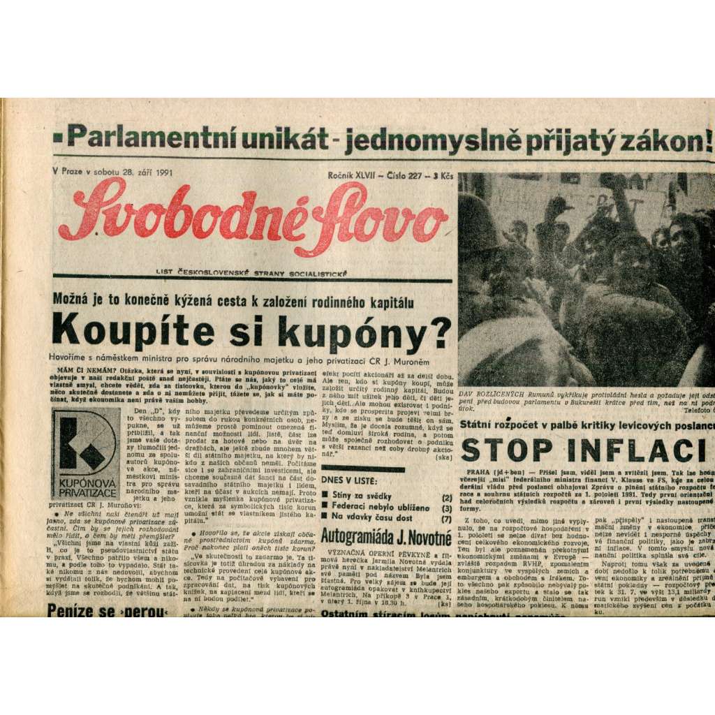 Svobodné slovo (28.9.1991) - noviny Svobodné slovo (28.9.1991) - noviny