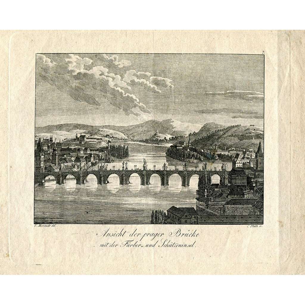 Ansicht der prager Brücke mit der Färber und Schützeninsel, mědiryt, V. Morstadt