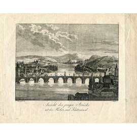 Ansicht der prager Brücke mit der Färber und Schützeninsel, mědiryt, V. Morstadt