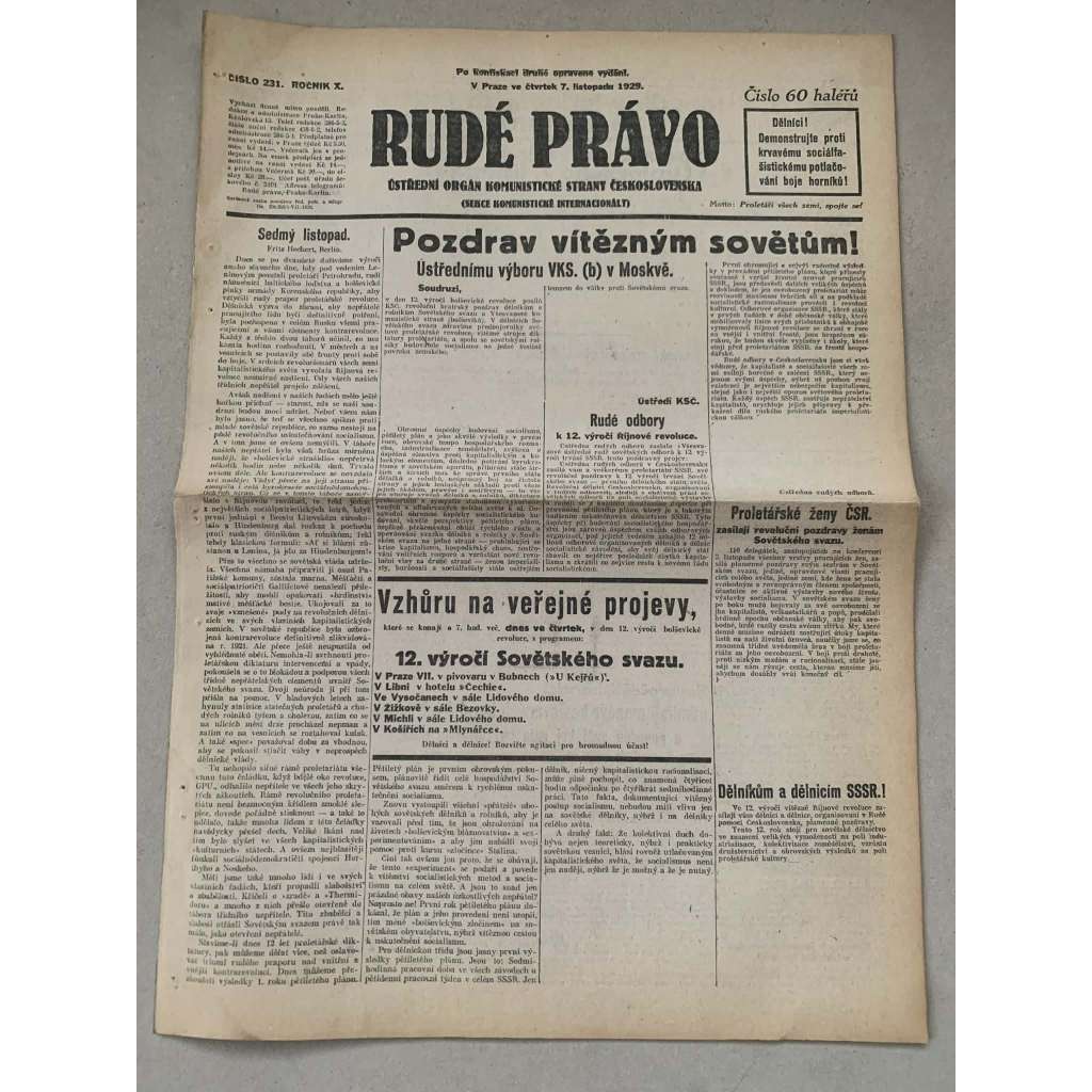 Rudé právo (7.11.1929) - 1. republika, staré noviny