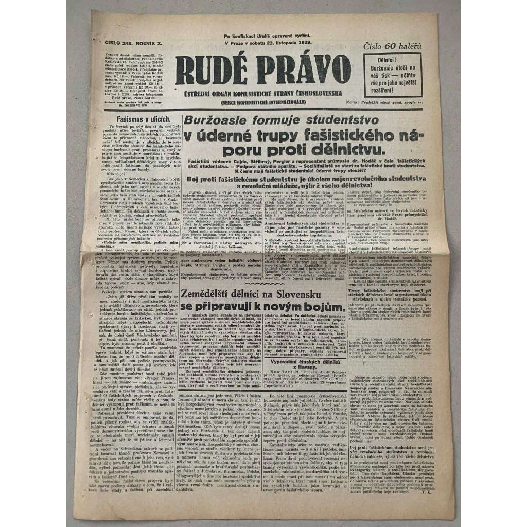 Rudé právo (23.11.1929) - 1. republika, staré noviny