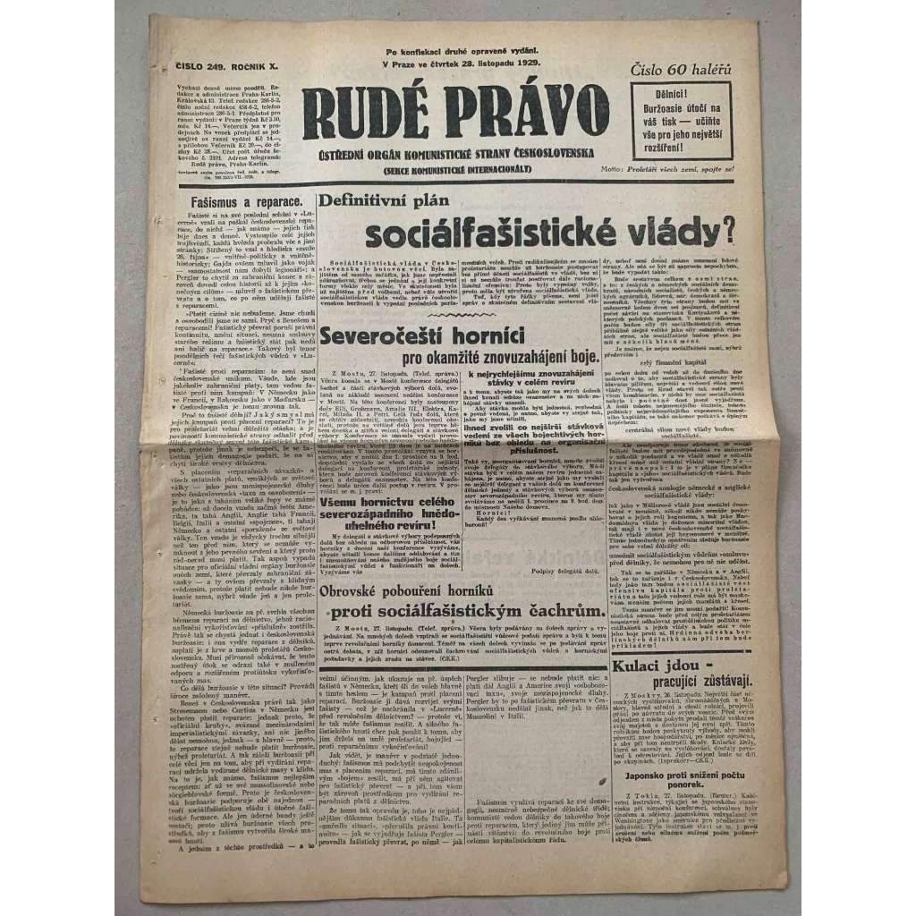 Rudé právo (28.11.1929) - 1. republika, staré noviny