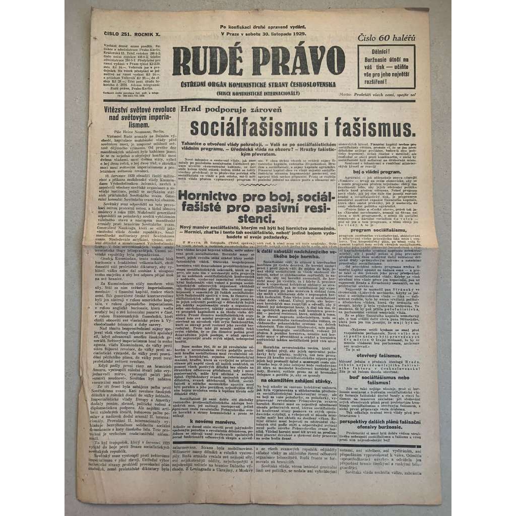 Rudé právo (30.11.1929) - 1. republika, staré noviny