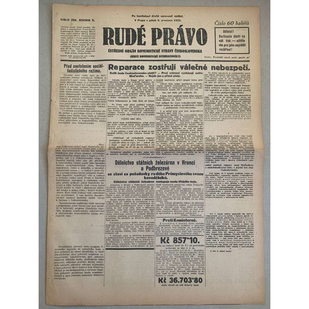 Rudé právo (6.12.1929) - 1. republika, staré noviny