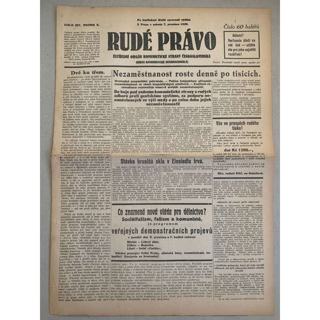 Rudé právo (7.12.1929) - 1. republika, staré noviny