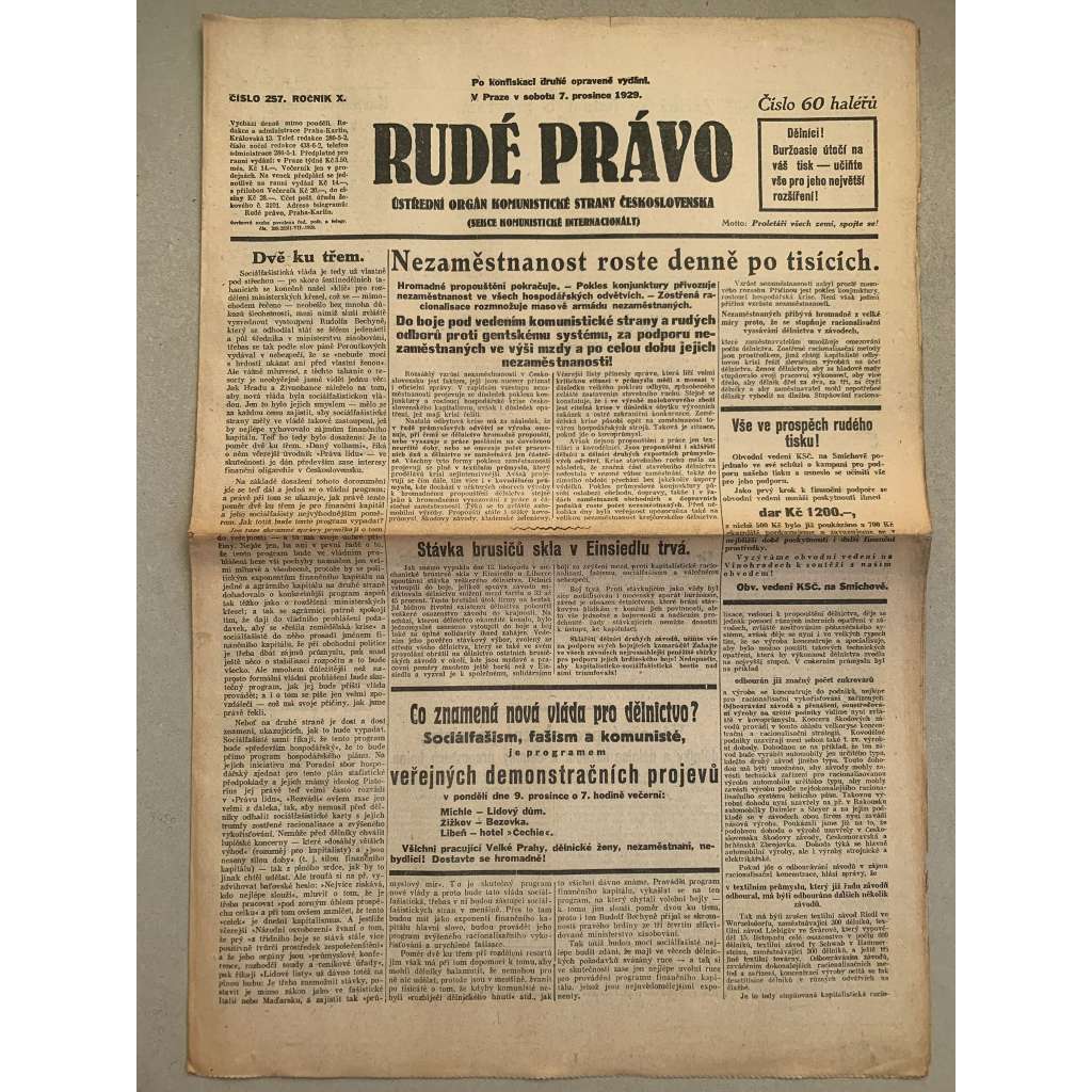 Rudé právo (7.12.1929) - 1. republika, staré noviny